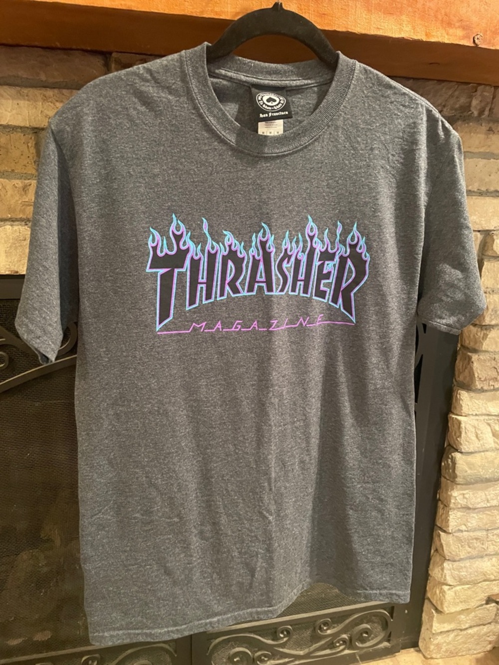 Thrasher Dark Gray Tee with Purple & Light Blue Flame Logo